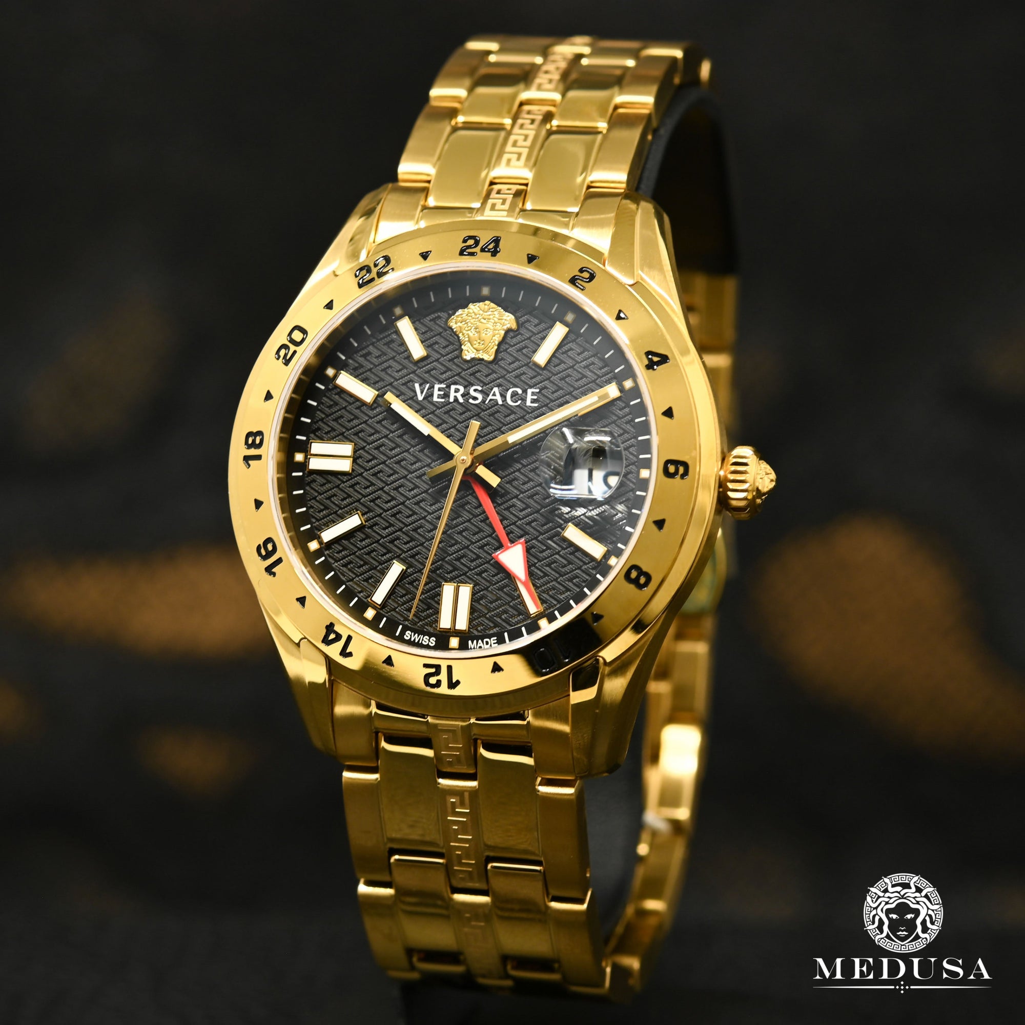 Montre Versace | Montre Homme Versace Greca Time GMT - VE7C00723 Or Jaune