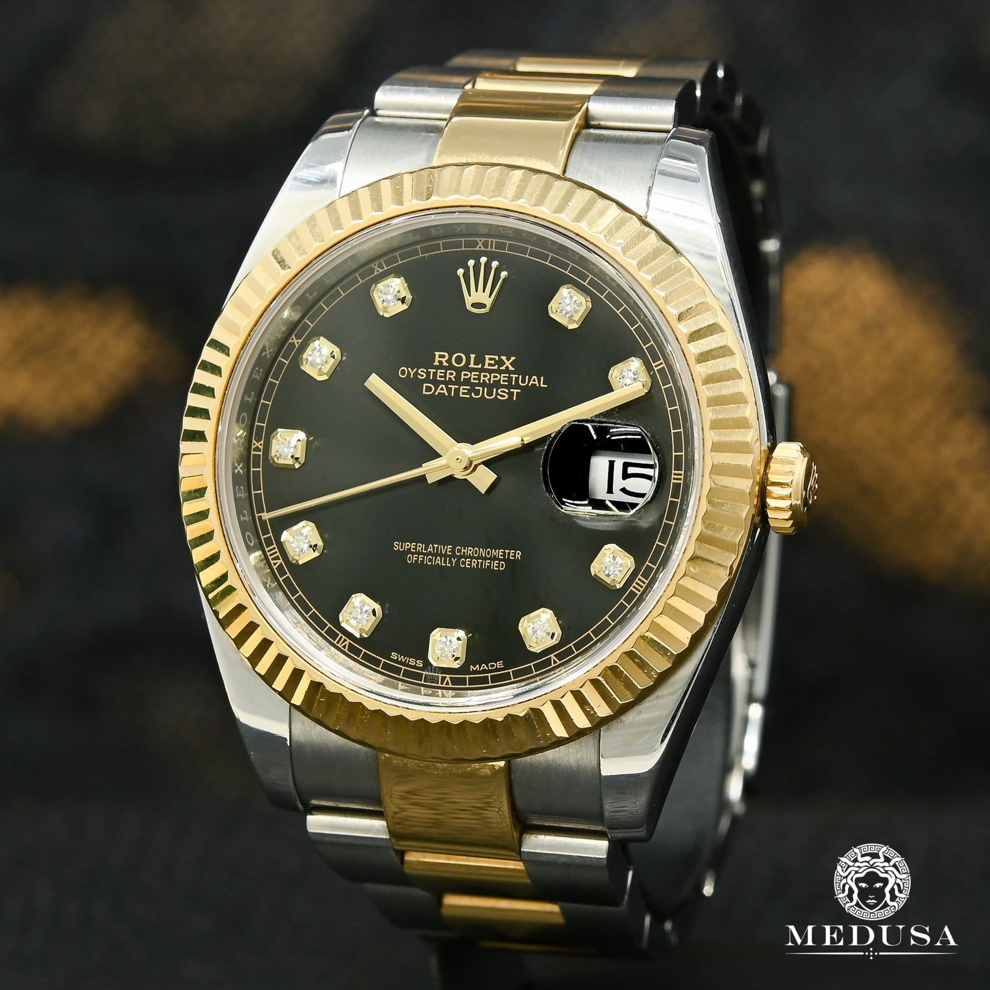 Montre Rolex | Montre Homme Rolex Datejust 41mm - Black Factory Diamond Or 2 Tons